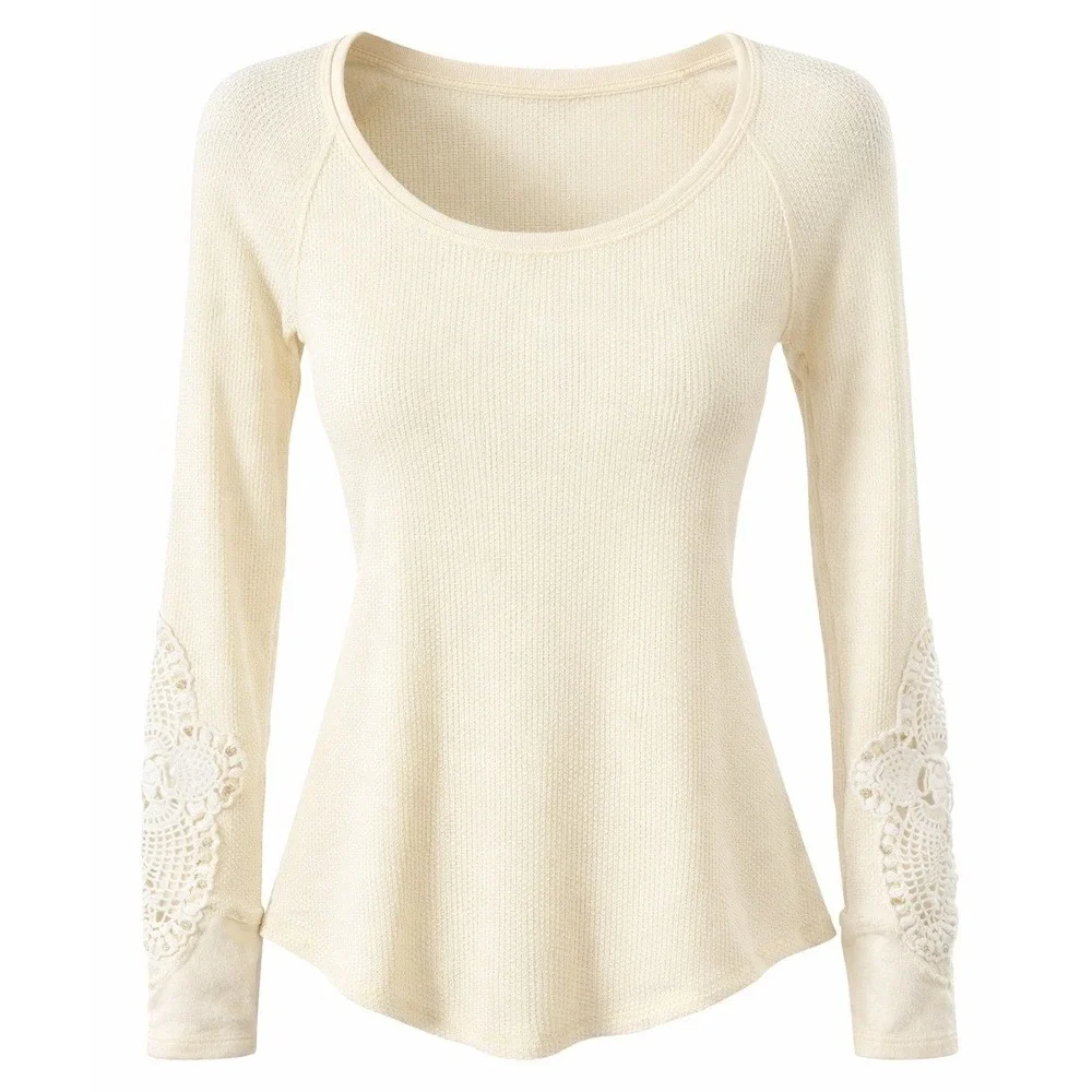 Women's Free People Small‎ Crochet Sleeve Waffle Knit Top Boho Cottagecore